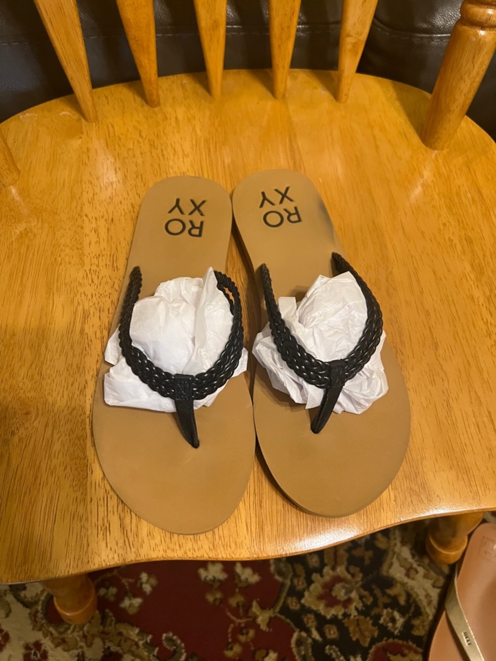 Roxy Black Braided Strap Tan Footbed Flip Flops